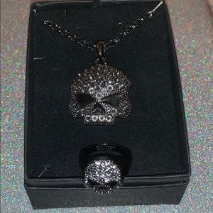 Harley Davidson Crystal Skull Necklace/Ring Set